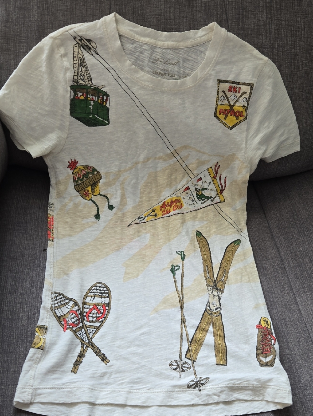 J. Crew White Graphic Ski Patrol Short Sleeve Tee with Multicolor Prints